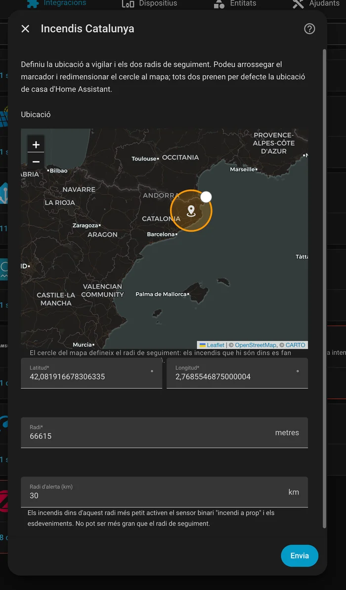 Primer pas del flux de configuració: ubicació i radis de seguiment i alerta sobre el mapa