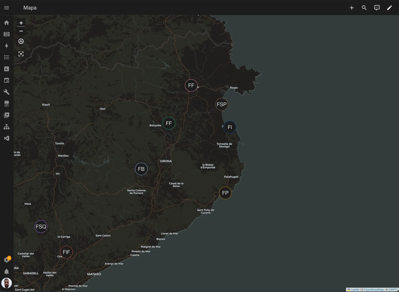Mapa d'Incendis Catalunya amb els focs actius a la comarca de la Selva i el Gironès