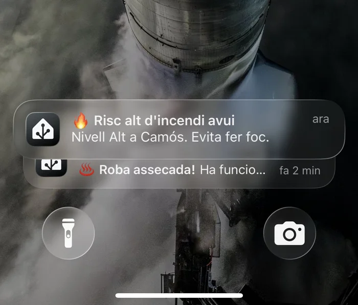 Notificació push a iOS generada pel blueprint: risc alt d'incendi avui a Camós